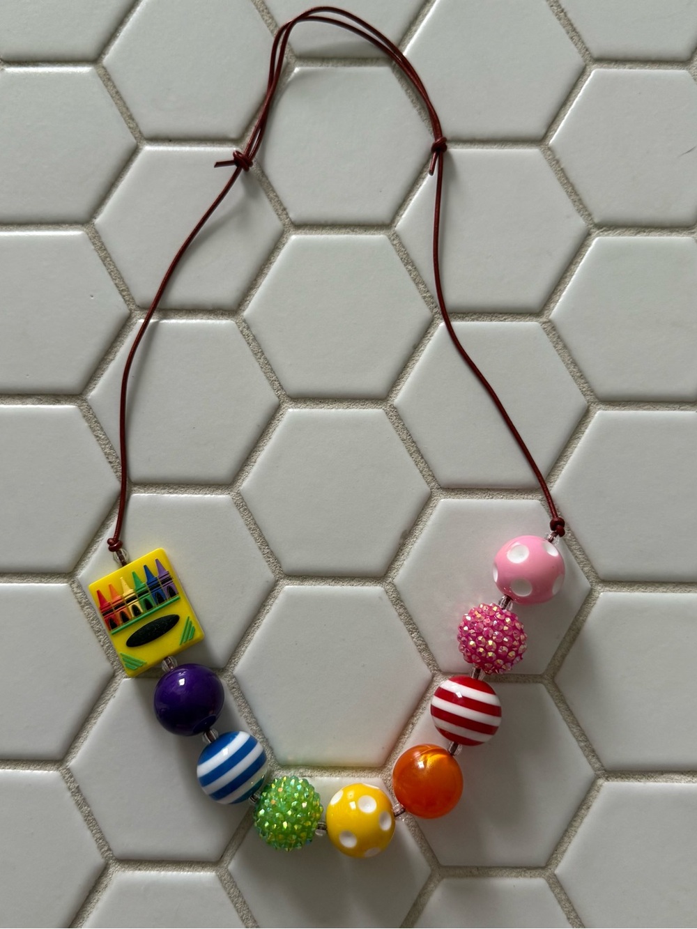 Colorful Chunky Bead Necklace with Crayon Tile Accent